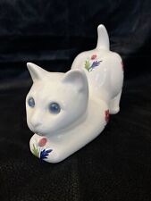 Vintage ELPA Alcobaga Portugal Ceramic Cat with Blue Glass Eyes & Floral Design picture