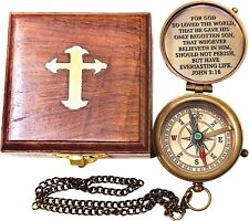 Engraved Brass Compass with Wooden Box Bible Verse Cross with John 3:16 picture