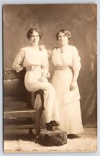 Real Photo Postcard~2 Pretty Women Studio Portrait~High Waist Gowns~c1910 RPPC picture