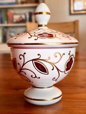 ANTIQUE 20S CZECH BOHEMIAN CASED WHITE CUT CRANBERRY GLASS LIDDED CANDY DISH picture
