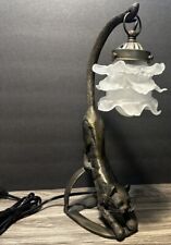 Vintage 15” Art Deco Style Crouching Stretching Cat Table Lamp With Glass Shade picture