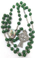 Catholic Rosary Green Rose Glass Beads Erin Celtic Necklace SilverTone #J5W picture