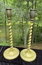 Antique Pair of Barley Twist Candlesticks Gold Brass 11” Tall picture