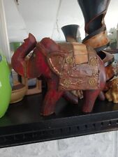 Hand Carved Vintage Wooden Elephant With Metal Decor picture