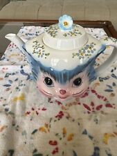 VINTAGE LEFTON MISS PRISS KITTY BLUE CERAMIC 4 CUP TEAPOT CAT TEA POT picture