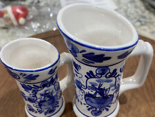 2Vintage Delft Blue Mini Pitcher Toothpick Holder Hand Painted Holland Windmill picture