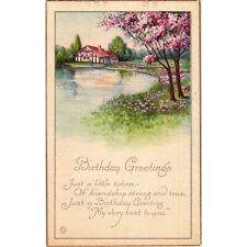 Birthday Greetings Cottage Waterfront Cherry Blossoms Antique Postcard Unposted picture