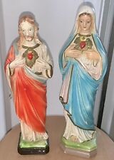 Vintage Pair Religious  Jesus & Virgin Mary Chalkware Statues 12