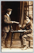 Original Old Vintage Antique Real Photo Postcard Picture Young Gentlemen Table picture