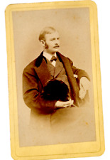 Antique CDV Handsome Man holds Beaver Hat Vintage Photo ID George W Davis Albany picture