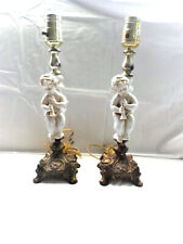 Vintage PAIR Cherub Cupid Angel Lamps Bisque and Ornate Brass picture
