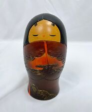 Kokeshi Japanese Doll Orange Gold Brown 6” Oblong Wooden picture