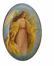 VTG Guardian Angel Religious Catholic Oval Gold Tone Enamel Lapel Pin 1.5” picture