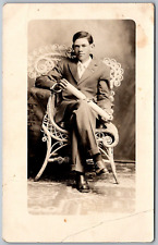 c1910 RPPC Real Photo Postcard Young Man Seated Ornate Chair With Diploma picture