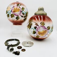 2 VINTAGE VICTORIAN RED FLORAL GLASS LAMP GLOBE BALL SHADE SET KIT -  picture