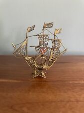 Vintage 3 1/2” Galleon Ship Portugal Gold Tone Metal Filigree Nautical Boat picture