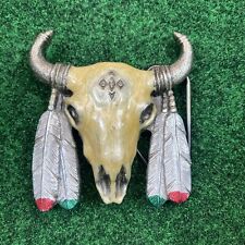 VTG Belt Buckle Native American Cow Skull Feathers Heavy Enamel 1992 🚚💨 picture