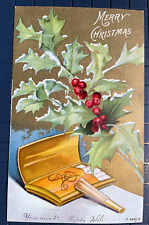 Vintage Victorian Postcard 1907 Merry Christmas - Holly & Cigarette Case picture