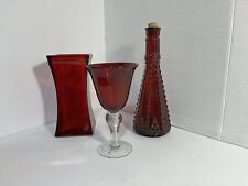 VINTAGE Ruby Red Collectable Glass Set 1900’s 20th Century 3 PC BEAUTIFUL picture