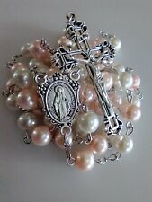 Catholic Multicolor Faux Pearl Glass 5 Decade Rosary Silver Tone Crucifix picture