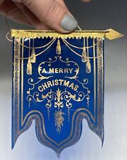 ULTRA RARE Antique Victorian Merry Christmas Celluloid Blue Banner Holiday Decor picture