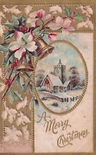 A Merry Christmas Snow Scene Church Flowers Bells Holly 1909 Postcard D58 picture