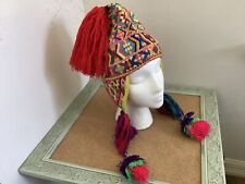 Vintage Peruvian Andean Chullo Cap Hand Knit Wool Textile Art Earflap Folk Hat picture