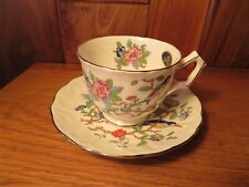 VINT ENGLISH AYNSLEY PORCELAIN CUP/SAUCER SET - BIRD IN PEONY FLORAL W GOLD picture
