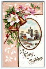 1909 Merry Christmas Ringing Bell Berries Flowers Church Winter Antique Postcard picture