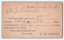 1890 AJ Griest Enclosing Check ER Edson Cleveland OH Fleming PA Postal Card picture