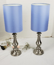 Pair of Vintage Metal Column Lamps w/Blue Shades 19.5