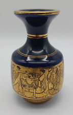 Greek Blue Vase 4.25” Handmade in Greece with 24k Gold Greek Figures  picture