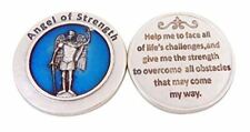 Religious Gifts Silver Toned Base Blue Enamel Angel of Strength Pocket Token Med picture