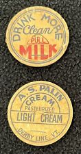 2 Vintage Dairy Cream Bottle Caps “A.S. Palin” & “Drink More Clean Milk” picture