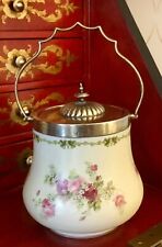 Antique Roses & Shamrocks Biscuit Jar Barrel Silver Plated Lid Handle Floral picture
