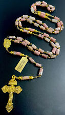 Semi Precious 10mm Genuine Pink Rhondonite Stone Cylinder Rosary Crucifix w/ Tag picture