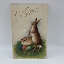Vintage Postcard A Happy Easter, Rabbits With Colored Eggs picture