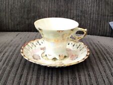 VINTAGE ROYAL CROWN TEA CUP & SAUCER  WHITE IRIDESCENT & GOLD  picture