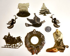8 Vtg Gold Tone? Brass? Christmas Ornaments~Bell, Angels, Wreath, Doves, Sleigh picture