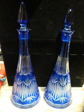 5500 PAIR COBALT BLUE BACCARAT STYLE CUT CRYSTAL FRENCH ETCHED GLASS DECANTERS picture