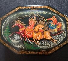 Vintage Russian Lacquer Trinket Box Troika Horse Sleigh SIGNED picture