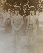 Twins 1925 Handsome Young Men in Suits & Boater Hats Small Antique Vintage Photo picture