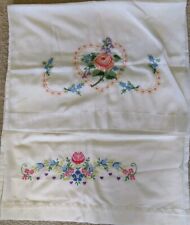 Pair of Vintage Pillow Cases Hand Embroidered Flowers MultiColors 31