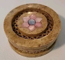 Vintage Hand Carved Soapstone Oval Trinket or Ring Box with Inlaid Flower Design picture