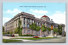 Linen Postcard Milwaukee WI Wisconsin Public Library and Museum Cars picture