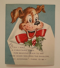 UNUSED Vtg CHRISTMAS Puppy DOG w WAGGING Tail Mid Century Old Stock CARD picture