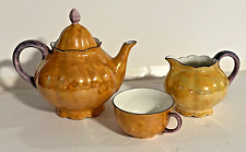 Vintage German Lusterware Tea Set  Golden Peach Orange Pearl Teapot Tea cup picture
