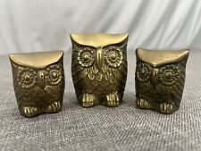 Vintage Solid Brass Leonard Silver Mfg Co Owls Paperweight MCM Korea Set of 3 picture