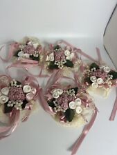 Vintage Pink Flower Bouquet Ribbon Pearl Lace Ornament Set Of 5 Wedding Decor picture