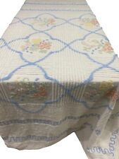 Vintage White Chenille Blue Pink Floral Ribbed Bedspread 102” X 86” Cottage Core picture